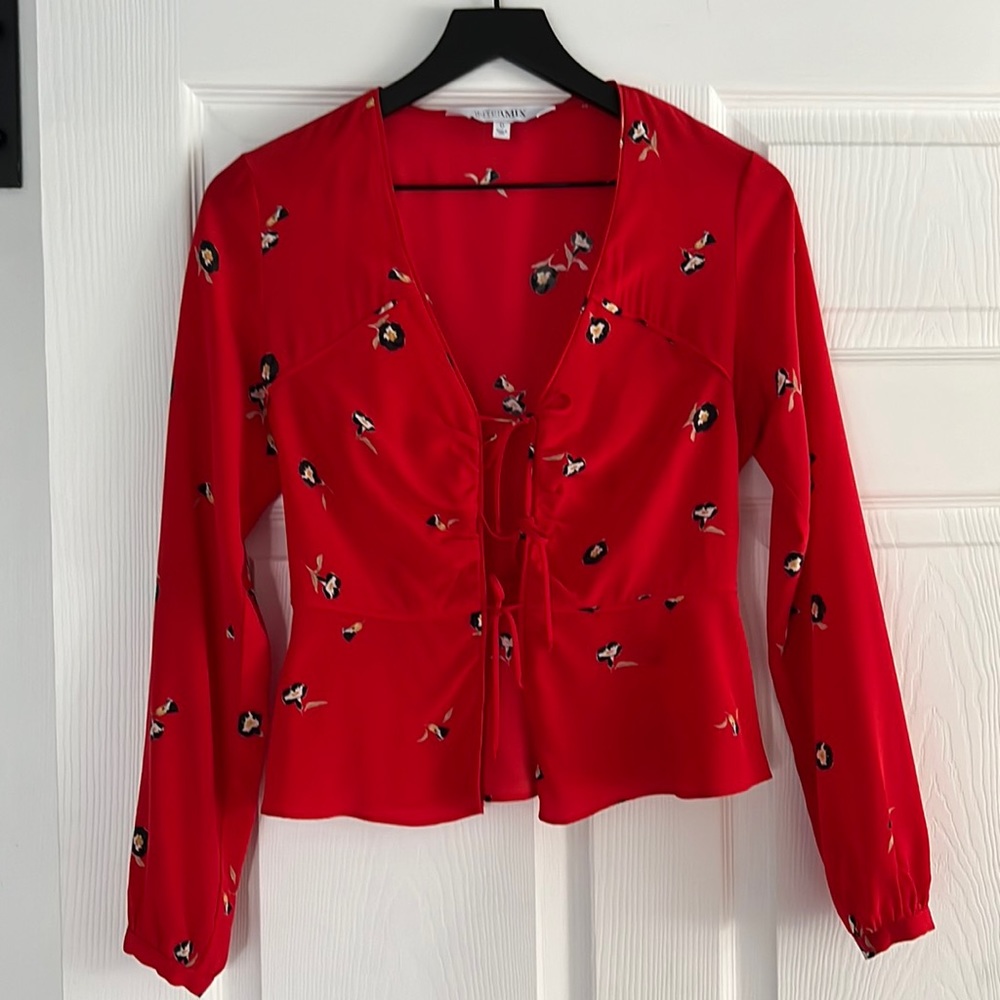 Intermix red floral tie front top